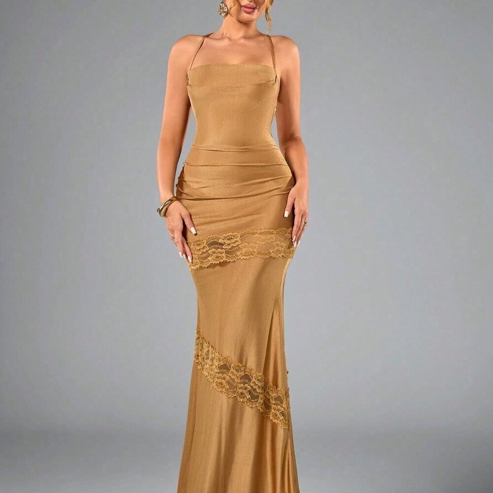 Khaki Elegant Women's Backless Dress - Picture 6 of 6